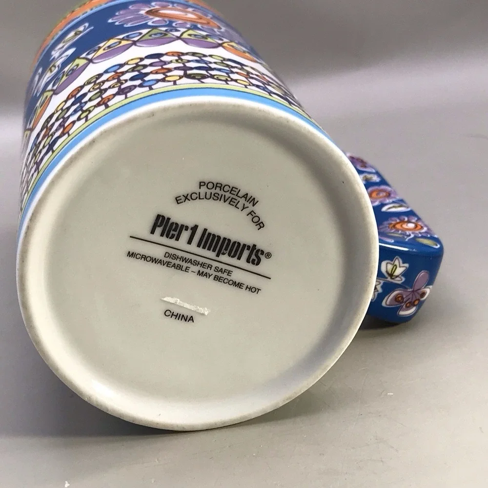 Rare Pier 1 Porcelain‎ Mug Colorful Floral Blue Orange Purple Green 6